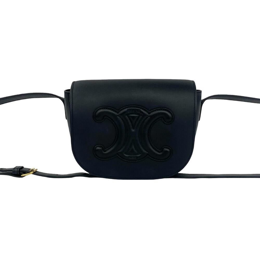 CELINE Celine Folco Triomphe Logo Leather Shoulder Bag Pouch Crossbody Black ...